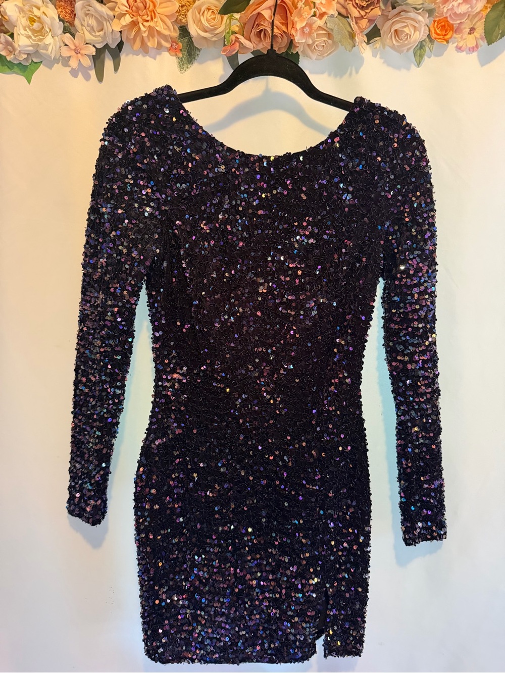 Crystal Doll Iridescent Dark Purple Sequin Long-Sleeve Bodycon Dress